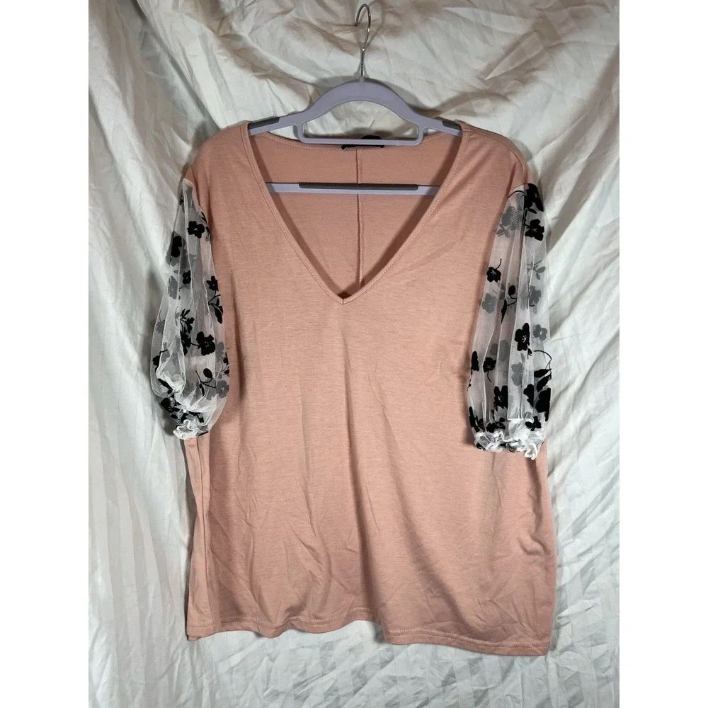 Shein Curve Pink V-Neck Top Floral Sheer Mesh Puff Sleeve Blouse 1XL Plus Size - Picture 2 of 5